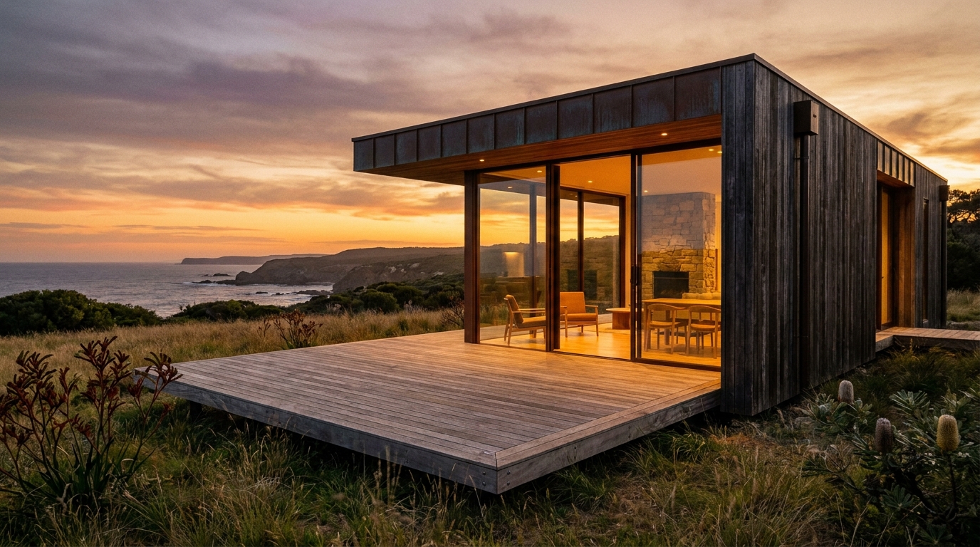 CHAMFER cabin on a coastal clifftop at golden hour, glass doors open to a warm glowing interior
