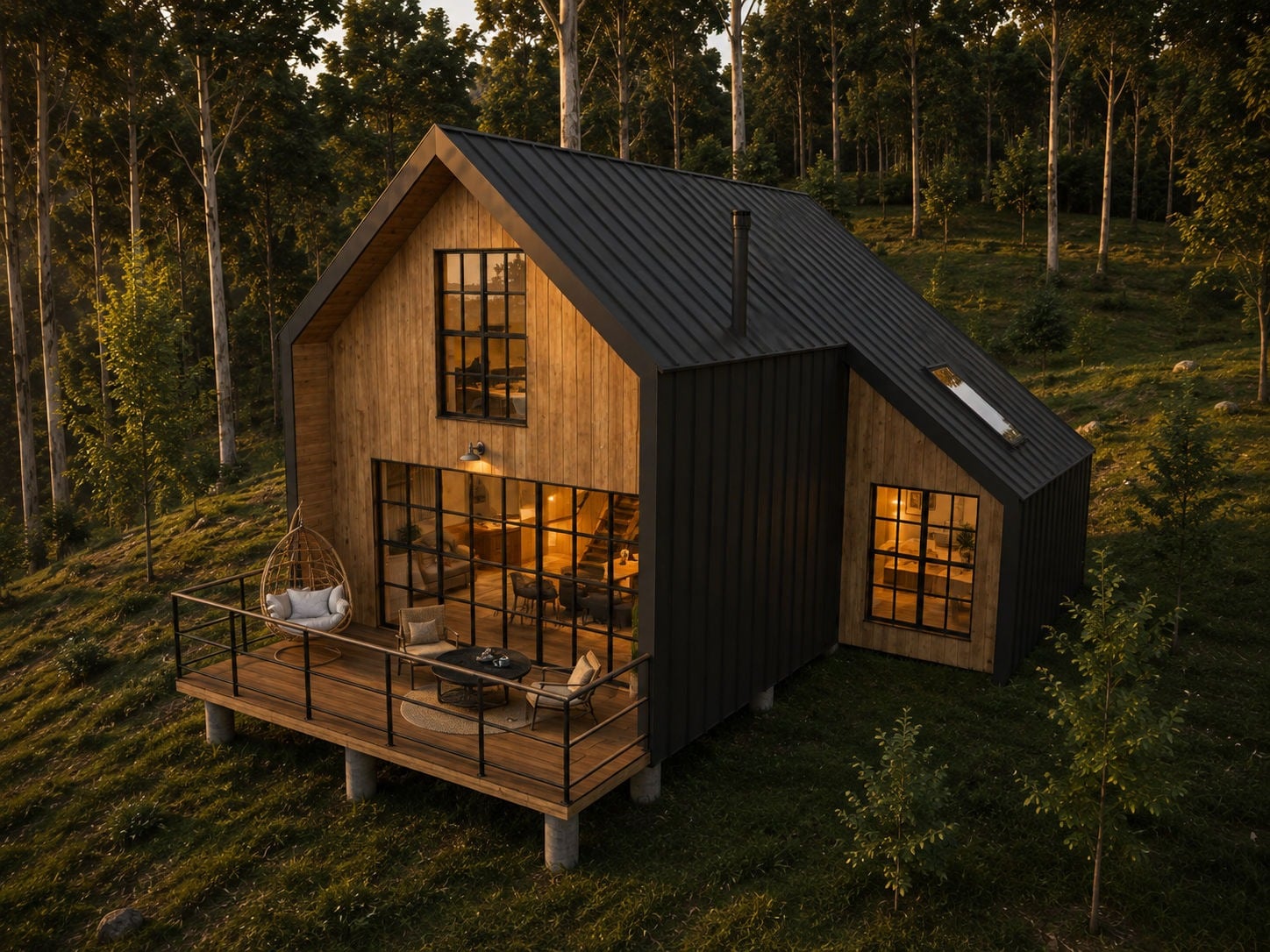 CHAMFER unit elevated on a plinth with a cantilevered deck, nestled in forest