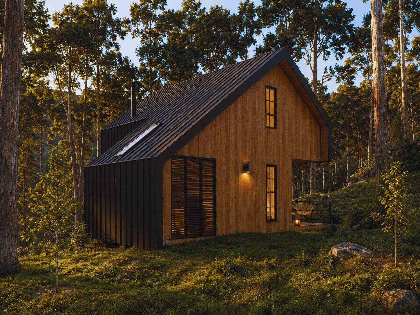 Charred wood CHAMFER exterior at dusk in a forest clearing