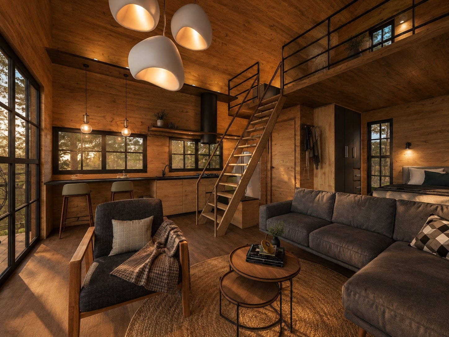 Warm wood-lined CHAMFER interior with sofa, stairs to a loft, and large windows